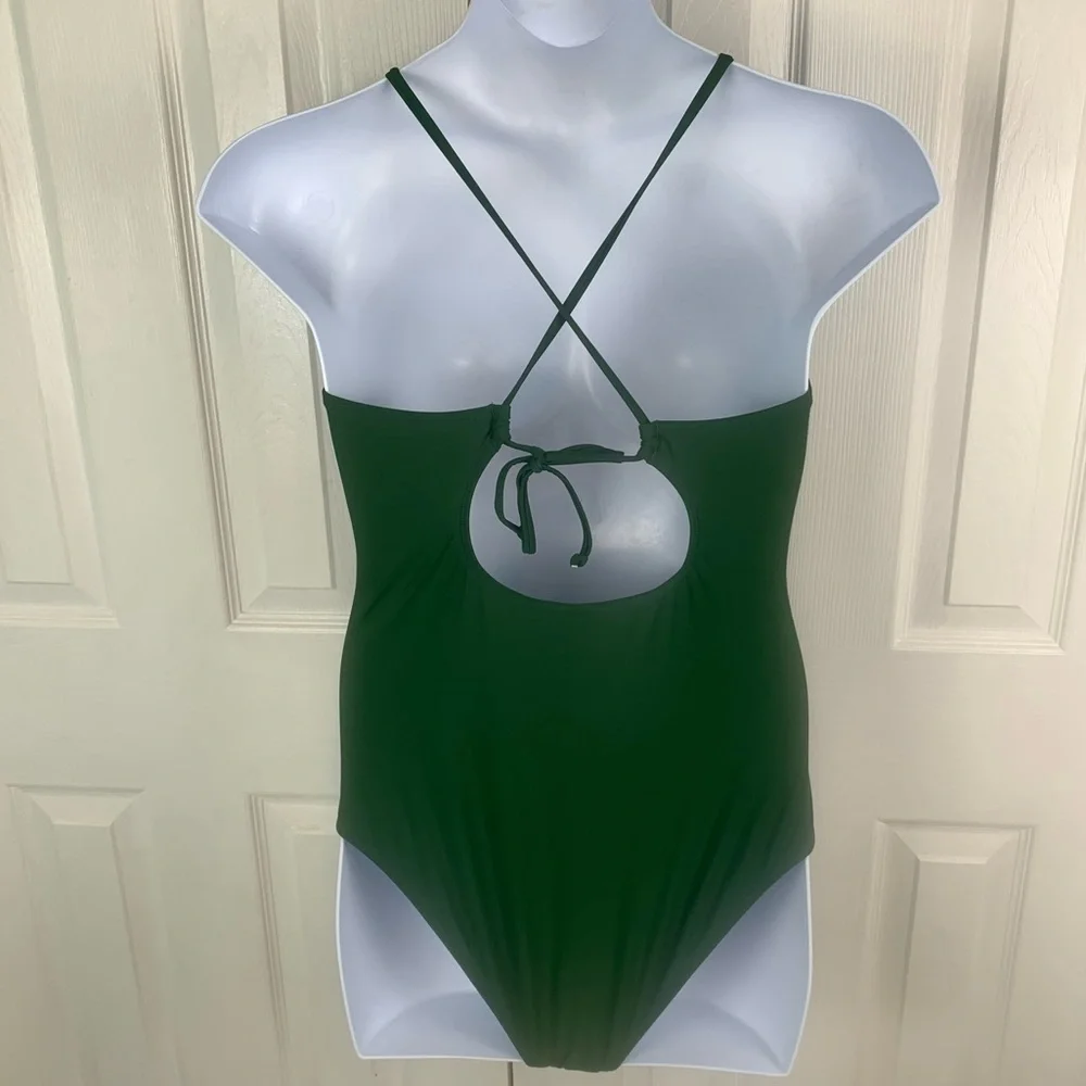 CUPSHE Women's Green Swimsuit One Piece High Neck Cutouts Lace Up Back Large NWT